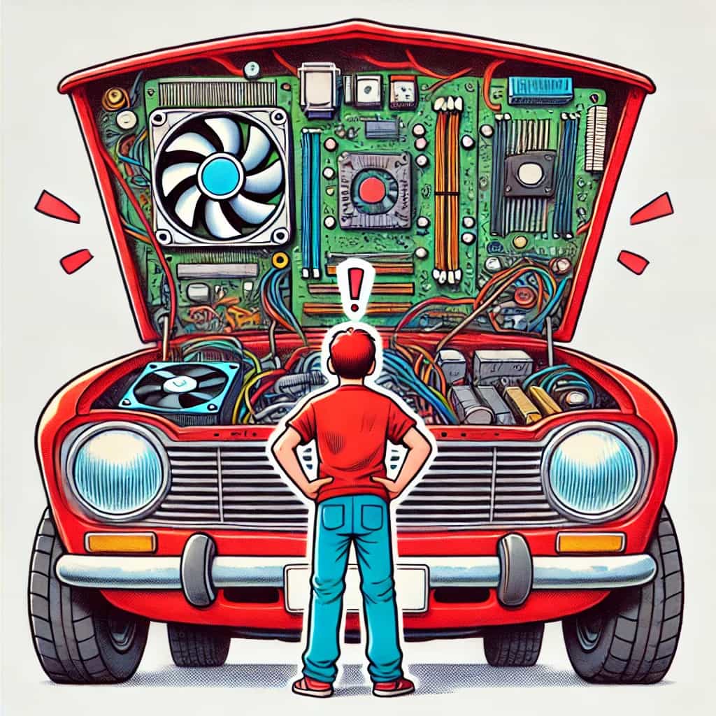 Image generated using DALL-E with ChatGPT-assisted prompt: "A comic-style drawing of a person standing in front of a larger car with a red hood, looking under the hood and finding it filled with computer parts instead of an engine. The car should have no engine visible; instead, the hood reveals computer parts like circuit boards, CPUs, cooling fans, and cables. The person is smaller in size compared to the car, standing on the ground, and looks surprised, with wide eyes and a raised eyebrow. The scene is light-hearted and humorous, with vibrant colors and exaggerated expressions, capturing the surprise and confusion of the person."
