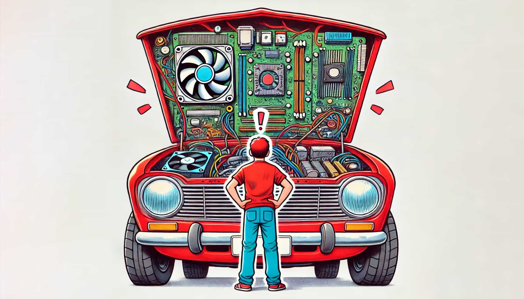 Image generated using DALL-E with ChatGPT-assisted prompt: "A comic-style drawing of a person standing in front of a larger car with a red hood, looking under the hood and finding it filled with computer parts instead of an engine. The car should have no engine visible; instead, the hood reveals computer parts like circuit boards, CPUs, cooling fans, and cables. The person is smaller in size compared to the car, standing on the ground, and looks surprised, with wide eyes and a raised eyebrow. The scene is light-hearted and humorous, with vibrant colors and exaggerated expressions, capturing the surprise and confusion of the person."
